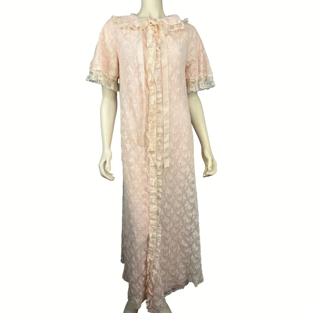 Vintage Linda Underlovelies Lace Robe Bed Jacket‎ Pink Sheer Nightgown Lingerie